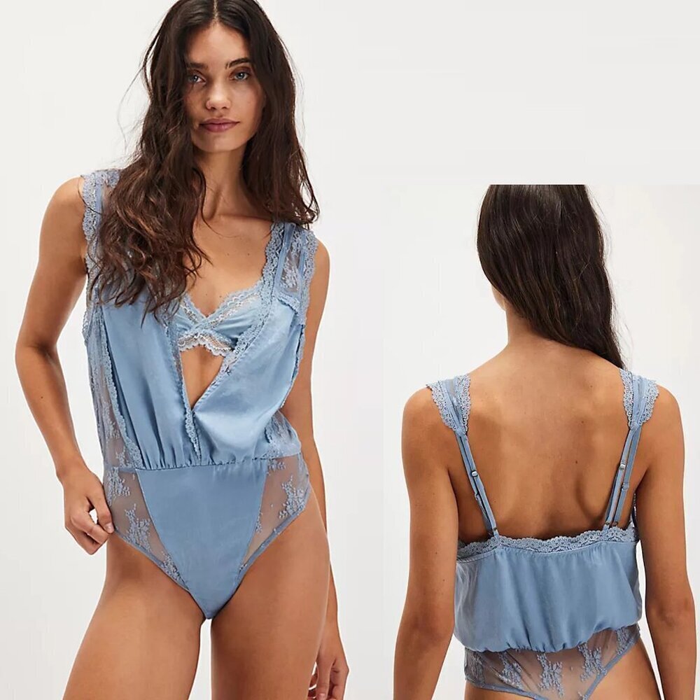 NWT New Free People Tell Me More Autumn Sky Blue Bodysuit Size M